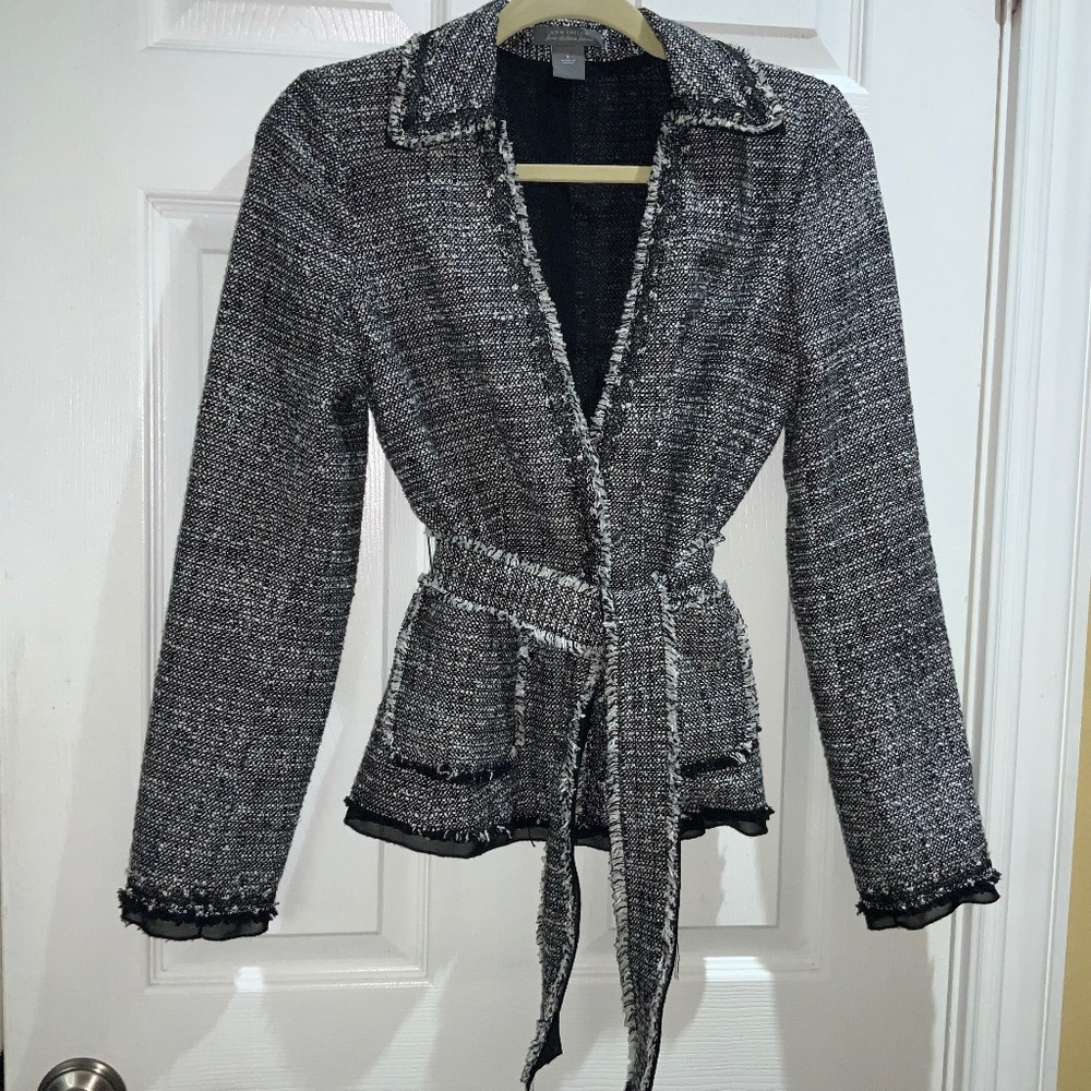 Ann Taylor Fringe Edged Wrap Jacket Sz 0 chiffon trim tweed belt hook closure